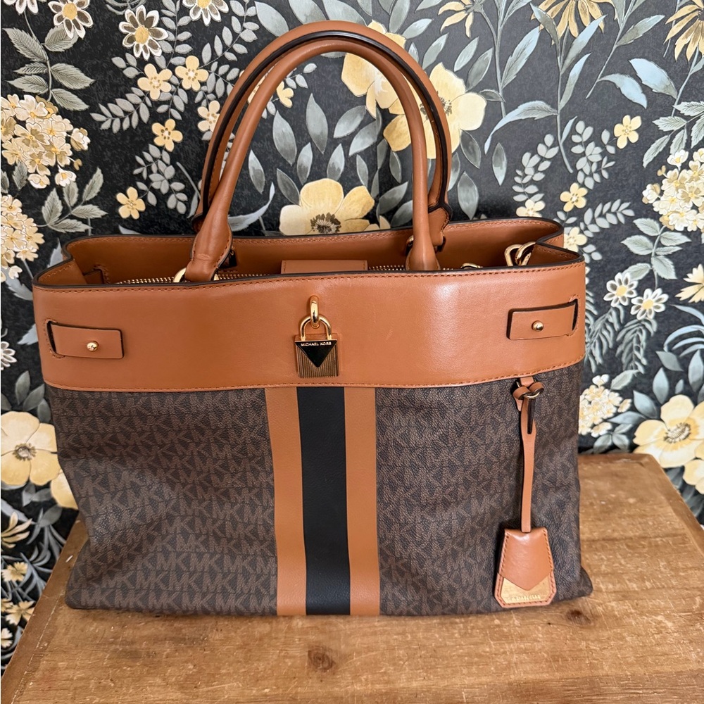 Michael Kors Brown Monogram Tote with Tan Trim and Black Stripe